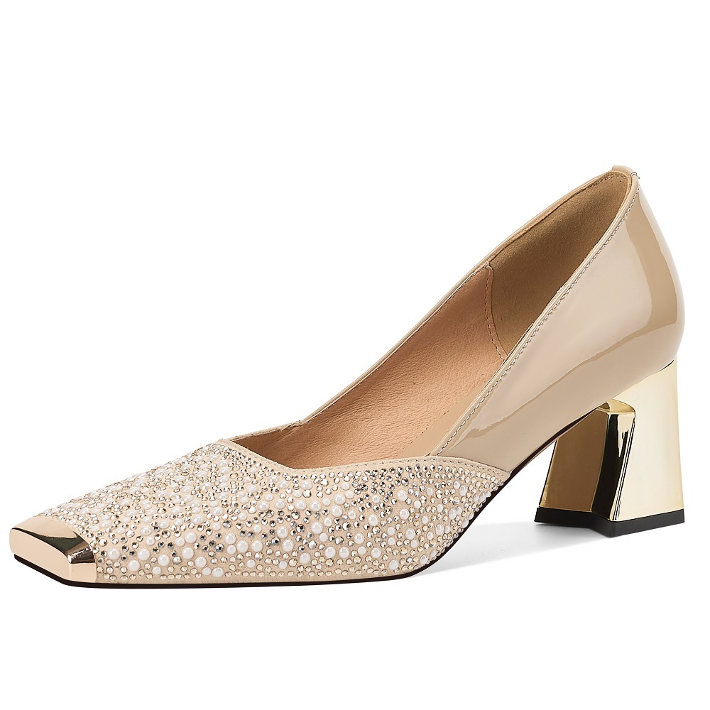 Women's Genuine Leather Crystals Pearl Low Cut 6 CM Block Heel Metal Toe Cap French Square Toe Versatile Office Spring Summer High Heels 60324