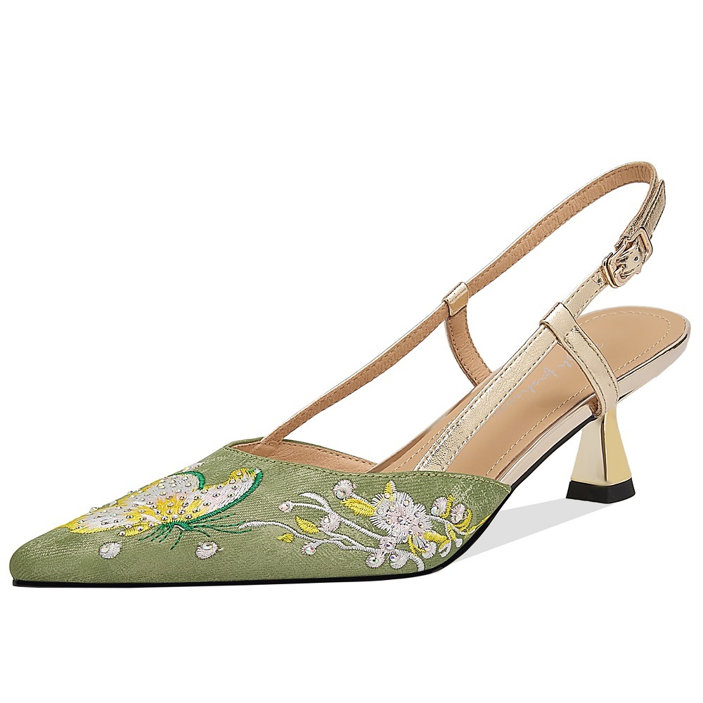 Women's Cowhide Pointed Toe Low-cut Embroidery One-strap 5 CM Stiletto Heel Closed Toe Backless Chinese Style Versatile Sandals 60324