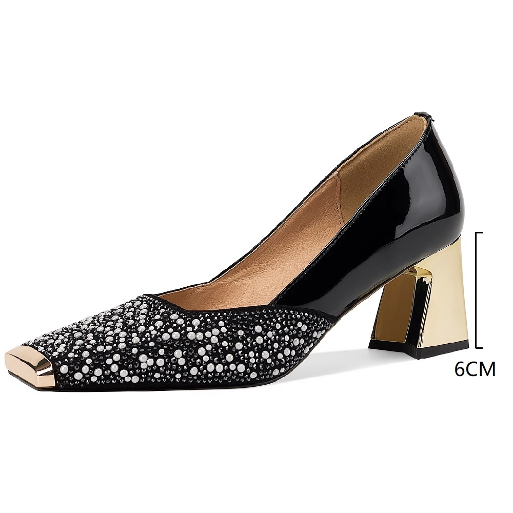 Women's Genuine Leather Crystals Pearl Low Cut 6 CM Block Heel Metal Toe Cap French Square Toe Versatile Office Spring Summer High Heels 60324