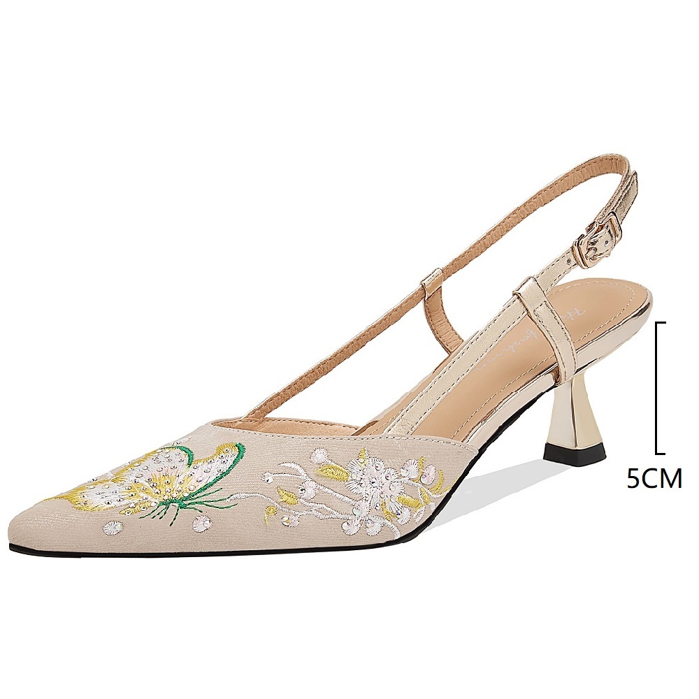 Women's Cowhide Pointed Toe Low-cut Embroidery One-strap 5 CM Stiletto Heel Closed Toe Backless Chinese Style Versatile Sandals 60324