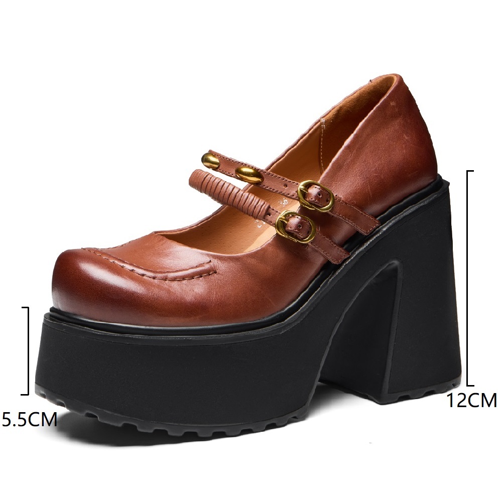 Women's Genuine Leather Narrow Band 12 CM Square Heel Shallow Mouth Metal Buckle Belt Platform British Retro Cut Out Spring Shoes 60324
