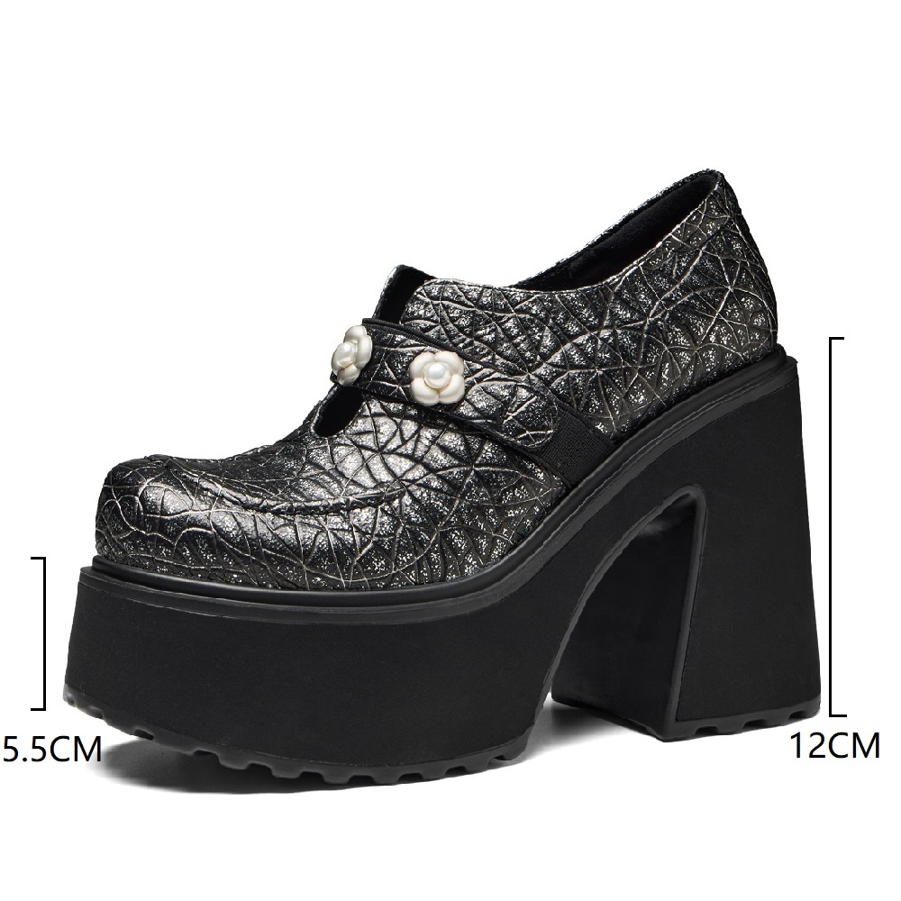 Women's Genuine Leather Mary Jane Shoes British Style Pearl Floral Buckle Slip On Cut Out 12 CM Block Heel Platform Sole Fashion Commute Versatile Daily Pumps 60324