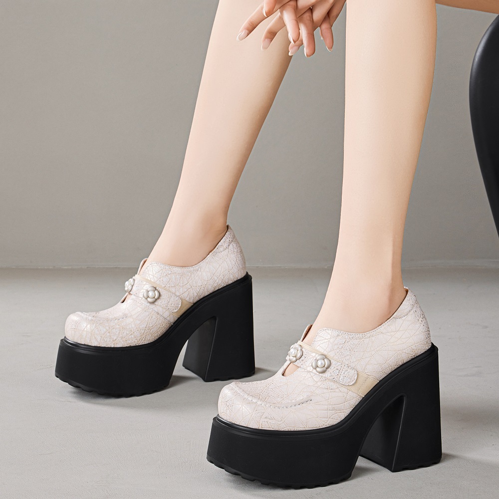 Women's Genuine Leather Mary Jane Shoes British Style Pearl Floral Buckle Slip On Cut Out 12 CM Block Heel Platform Sole Fashion Commute Versatile Daily Pumps 60324