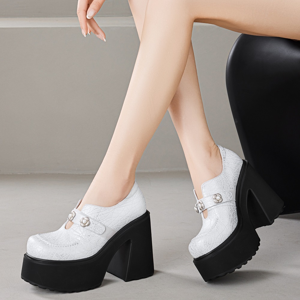 Women's Genuine Leather Mary Jane Shoes British Style Pearl Floral Buckle Slip On Cut Out 12 CM Block Heel Platform Sole Fashion Commute Versatile Daily Pumps 60324