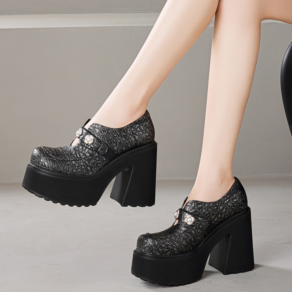 Women's Genuine Leather Mary Jane Shoes British Style Pearl Floral Buckle Slip On Cut Out 12 CM Block Heel Platform Sole Fashion Commute Versatile Daily Pumps 60324