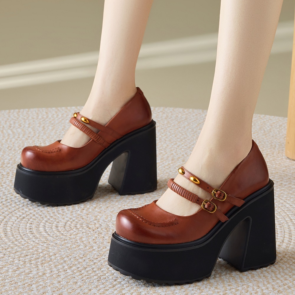 Women's Genuine Leather Narrow Band 12 CM Square Heel Shallow Mouth Metal Buckle Belt Platform British Retro Cut Out Spring Shoes 60324