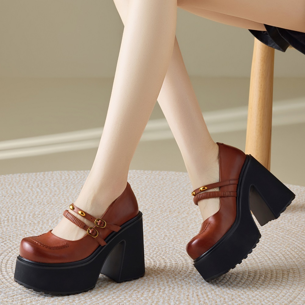 Women's Genuine Leather Narrow Band 12 CM Square Heel Shallow Mouth Metal Buckle Belt Platform British Retro Cut Out Spring Shoes 60324