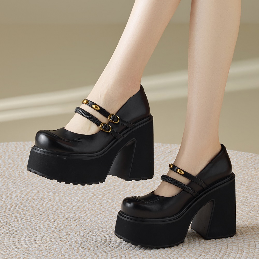 Women's Genuine Leather Narrow Band 12 CM Square Heel Shallow Mouth Metal Buckle Belt Platform British Retro Cut Out Spring Shoes 60324