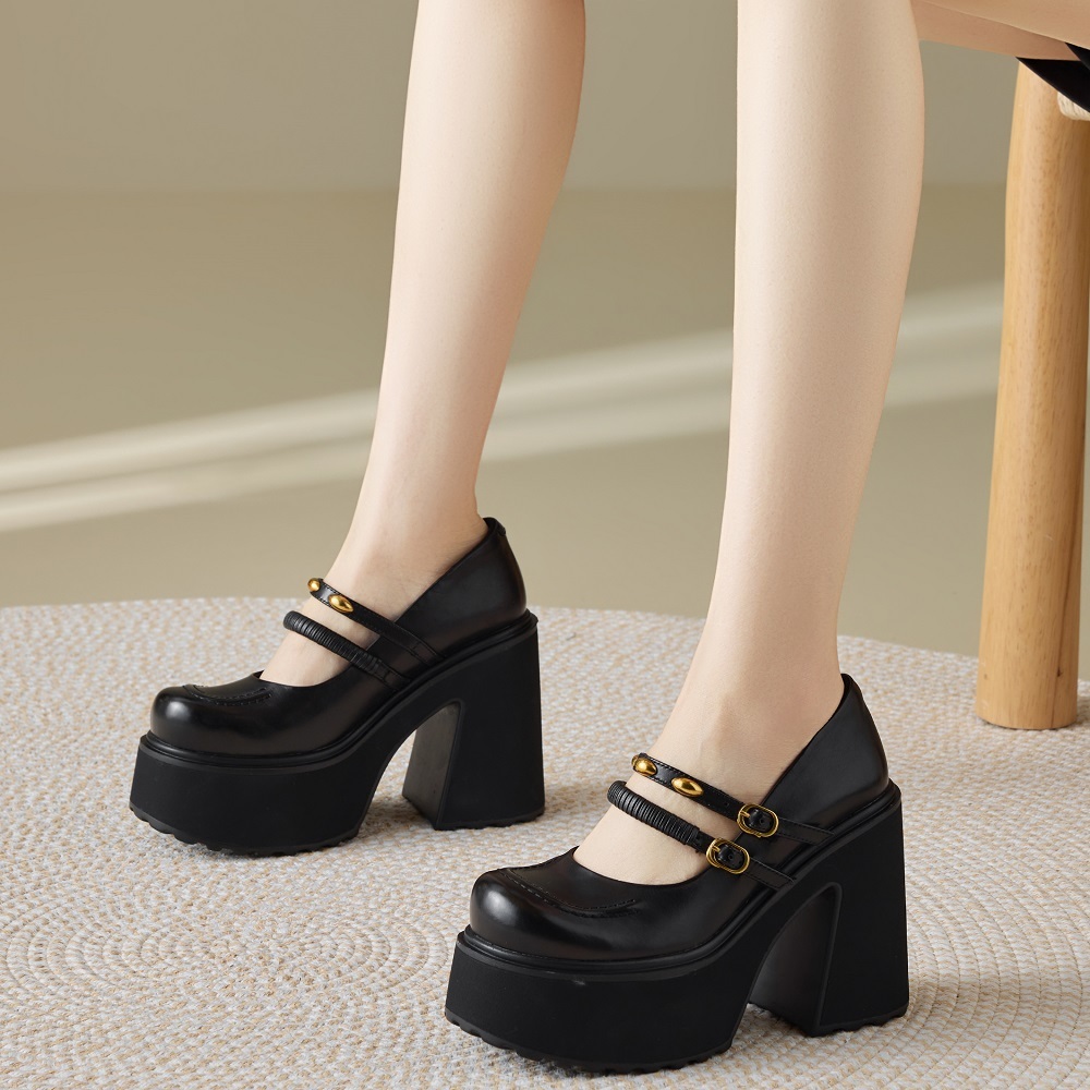 Women's Genuine Leather Narrow Band 12 CM Square Heel Shallow Mouth Metal Buckle Belt Platform British Retro Cut Out Spring Shoes 60324