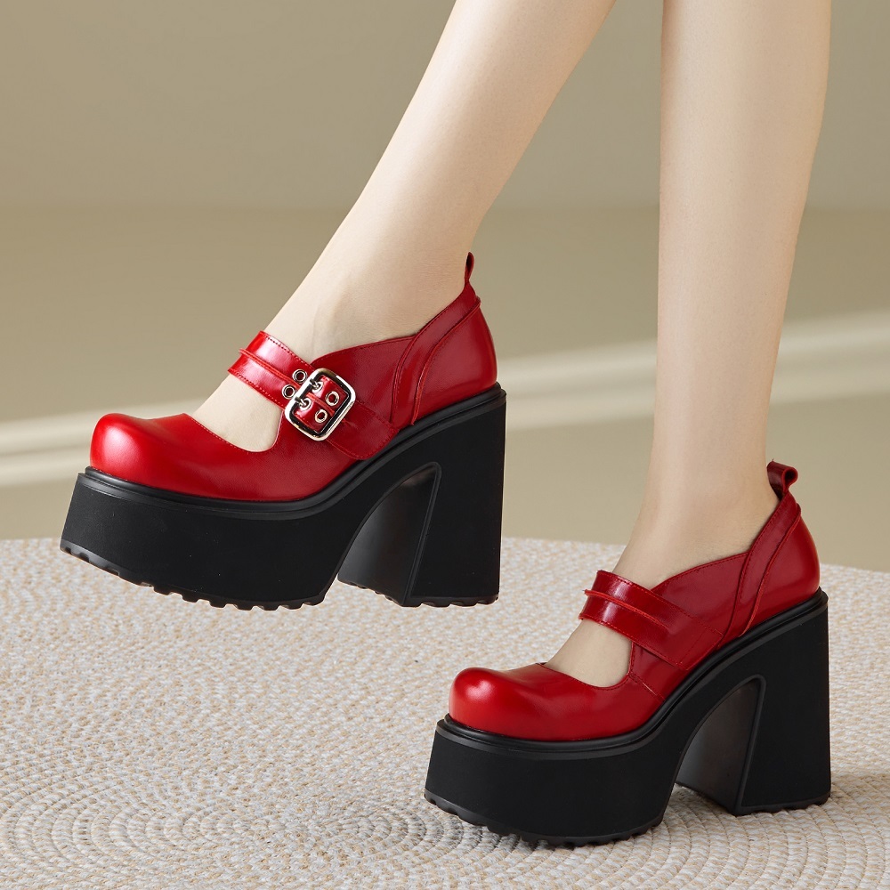 Women's Genuine Leather Mary Jane Shoes Spring Low Cut Metal Buckle Slim Fit 12 CM Block Heel Platform Thick Sole European American Style Knight Shoes 60324