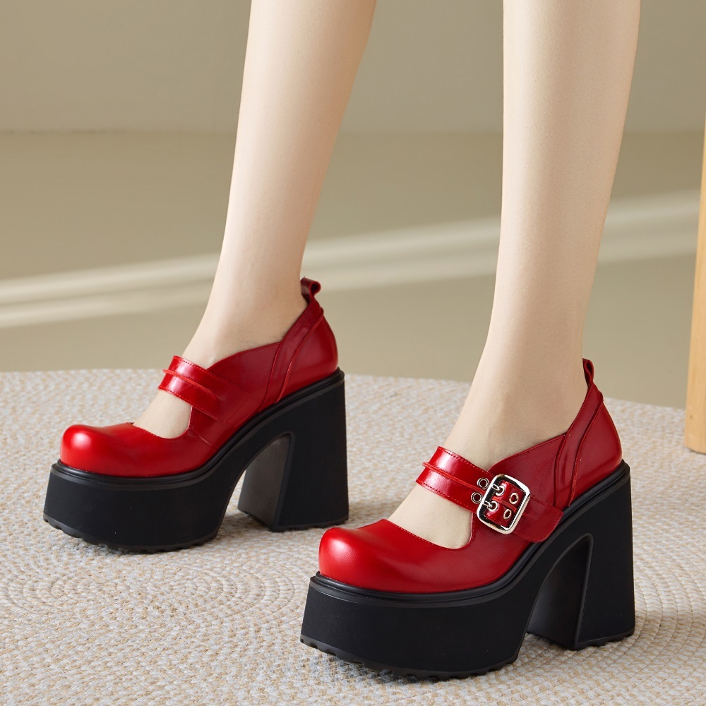 Women's Genuine Leather Mary Jane Shoes Spring Low Cut Metal Buckle Slim Fit 12 CM Block Heel Platform Thick Sole European American Style Knight Shoes 60324