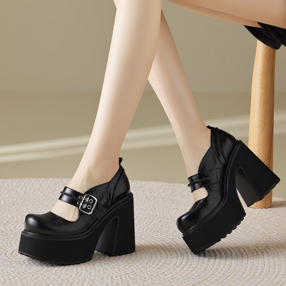 Women's Genuine Leather Mary Jane Shoes Spring Low Cut Metal Buckle Slim Fit 12 CM Block Heel Platform Thick Sole European American Style Knight Shoes 60324