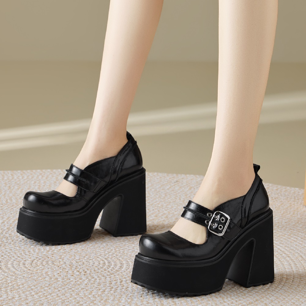 Women's Genuine Leather Mary Jane Shoes Spring Low Cut Metal Buckle Slim Fit 12 CM Block Heel Platform Thick Sole European American Style Knight Shoes 60324