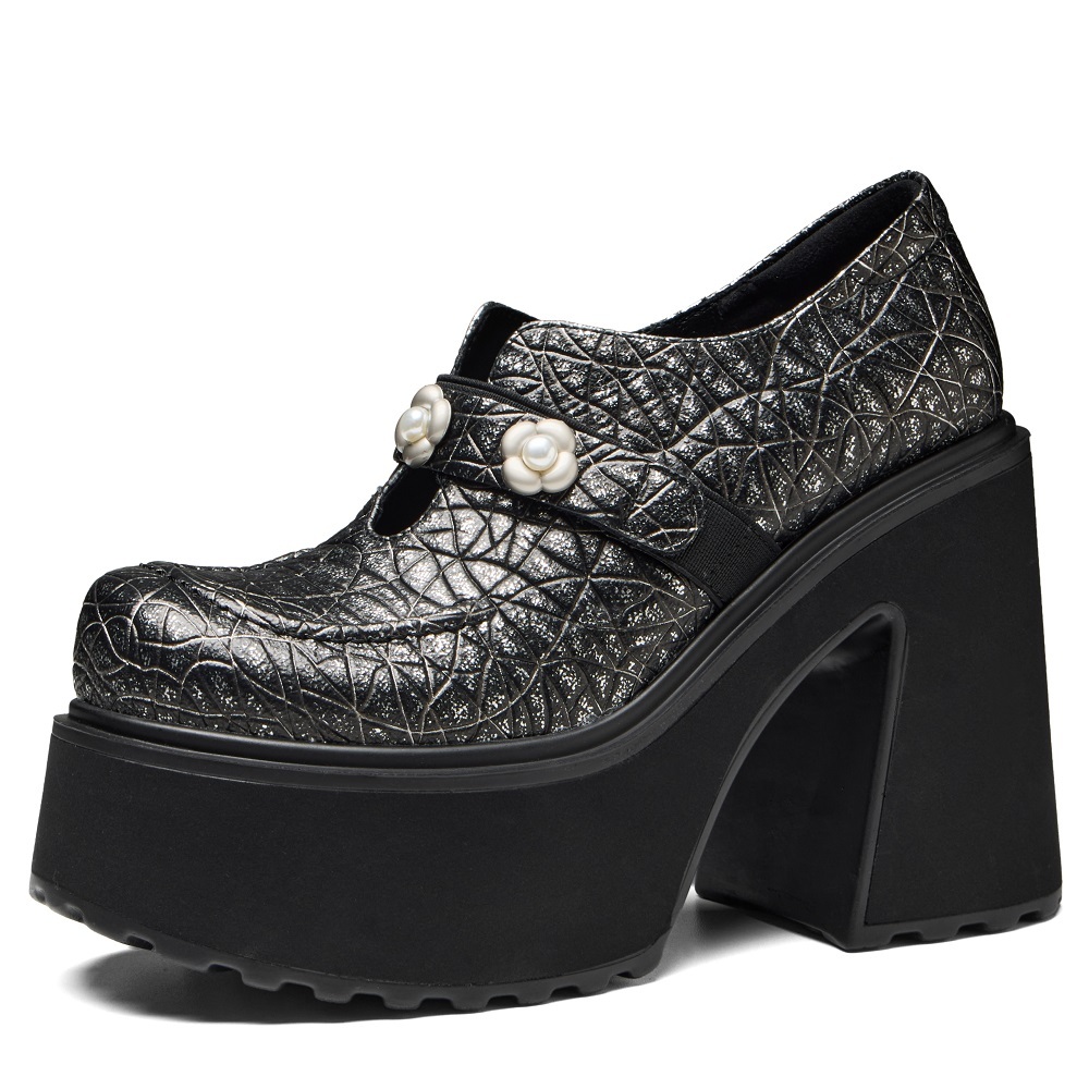 Women's Genuine Leather Mary Jane Shoes British Style Pearl Floral Buckle Slip On Cut Out 12 CM Block Heel Platform Sole Fashion Commute Versatile Daily Pumps 60324