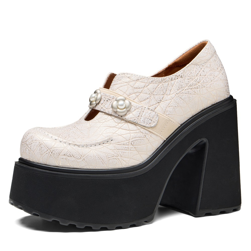 Women's Genuine Leather Mary Jane Shoes British Style Pearl Floral Buckle Slip On Cut Out 12 CM Block Heel Platform Sole Fashion Commute Versatile Daily Pumps 60324