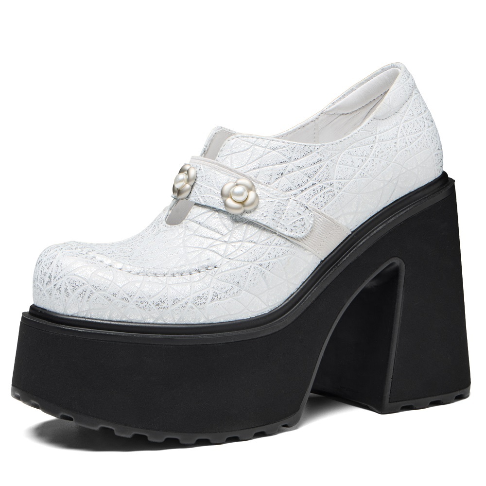 Women's Genuine Leather Mary Jane Shoes British Style Pearl Floral Buckle Slip On Cut Out 12 CM Block Heel Platform Sole Fashion Commute Versatile Daily Pumps 60324