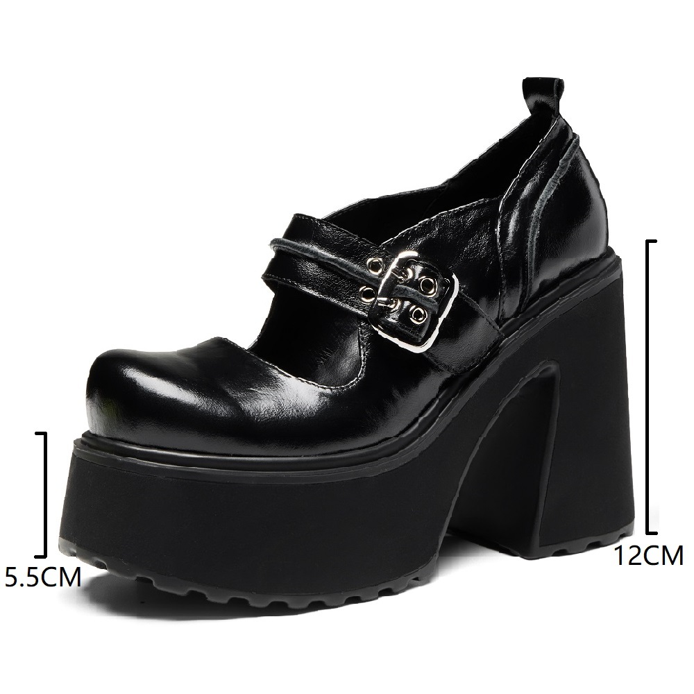 Women's Genuine Leather Mary Jane Shoes Spring Low Cut Metal Buckle Slim Fit 12 CM Block Heel Platform Thick Sole European American Style Knight Shoes 60324