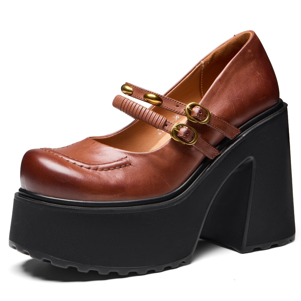 Women's Genuine Leather Narrow Band 12 CM Square Heel Shallow Mouth Metal Buckle Belt Platform British Retro Cut Out Spring Shoes 60324