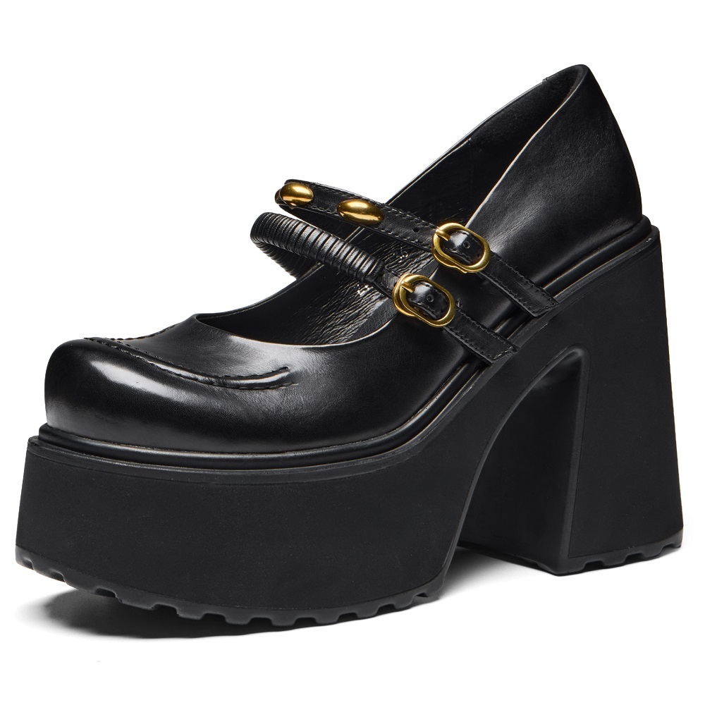 Women's Genuine Leather Narrow Band 12 CM Square Heel Shallow Mouth Metal Buckle Belt Platform British Retro Cut Out Spring Shoes 60324