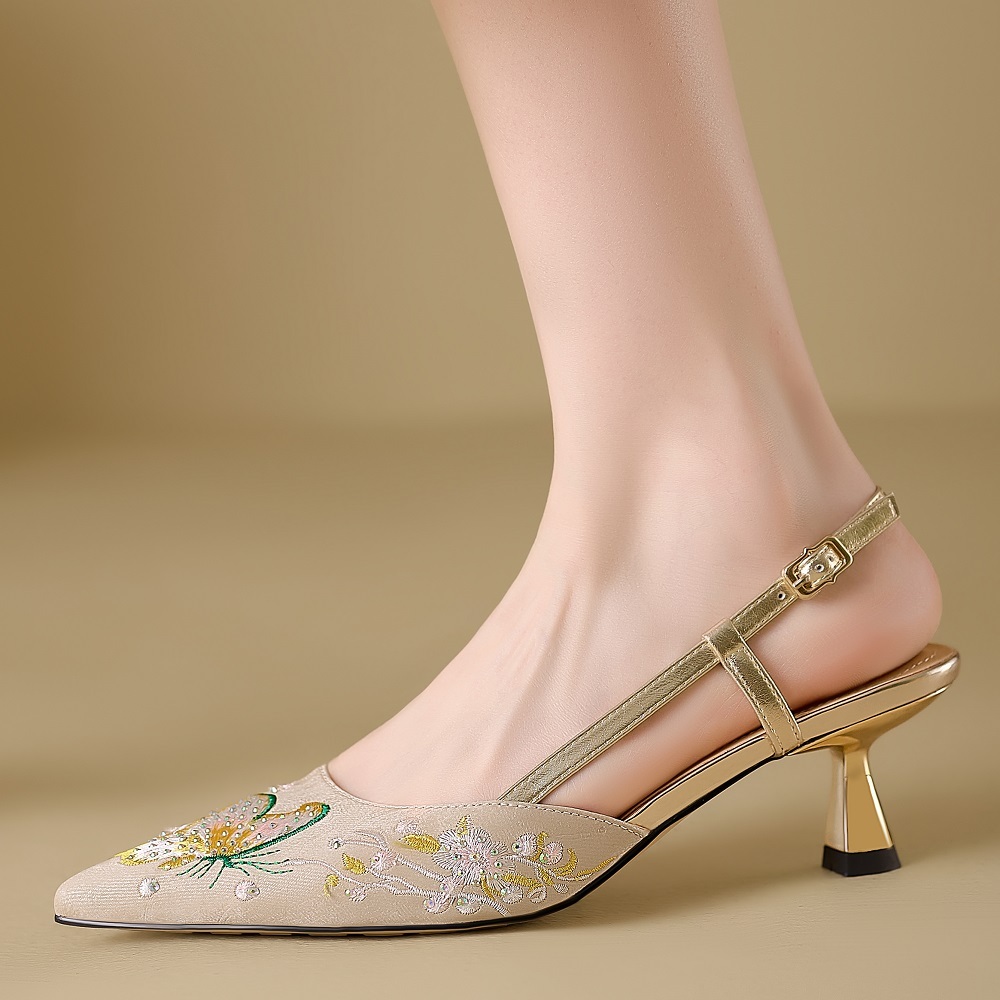 Women's Cowhide Pointed Toe Low-cut Embroidery One-strap 5 CM Stiletto Heel Closed Toe Backless Chinese Style Versatile Sandals 60324