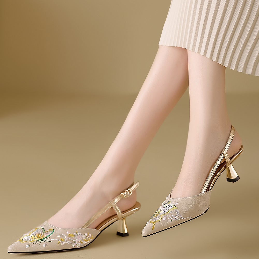 Women's Cowhide Pointed Toe Low-cut Embroidery One-strap 5 CM Stiletto Heel Closed Toe Backless Chinese Style Versatile Sandals 60324