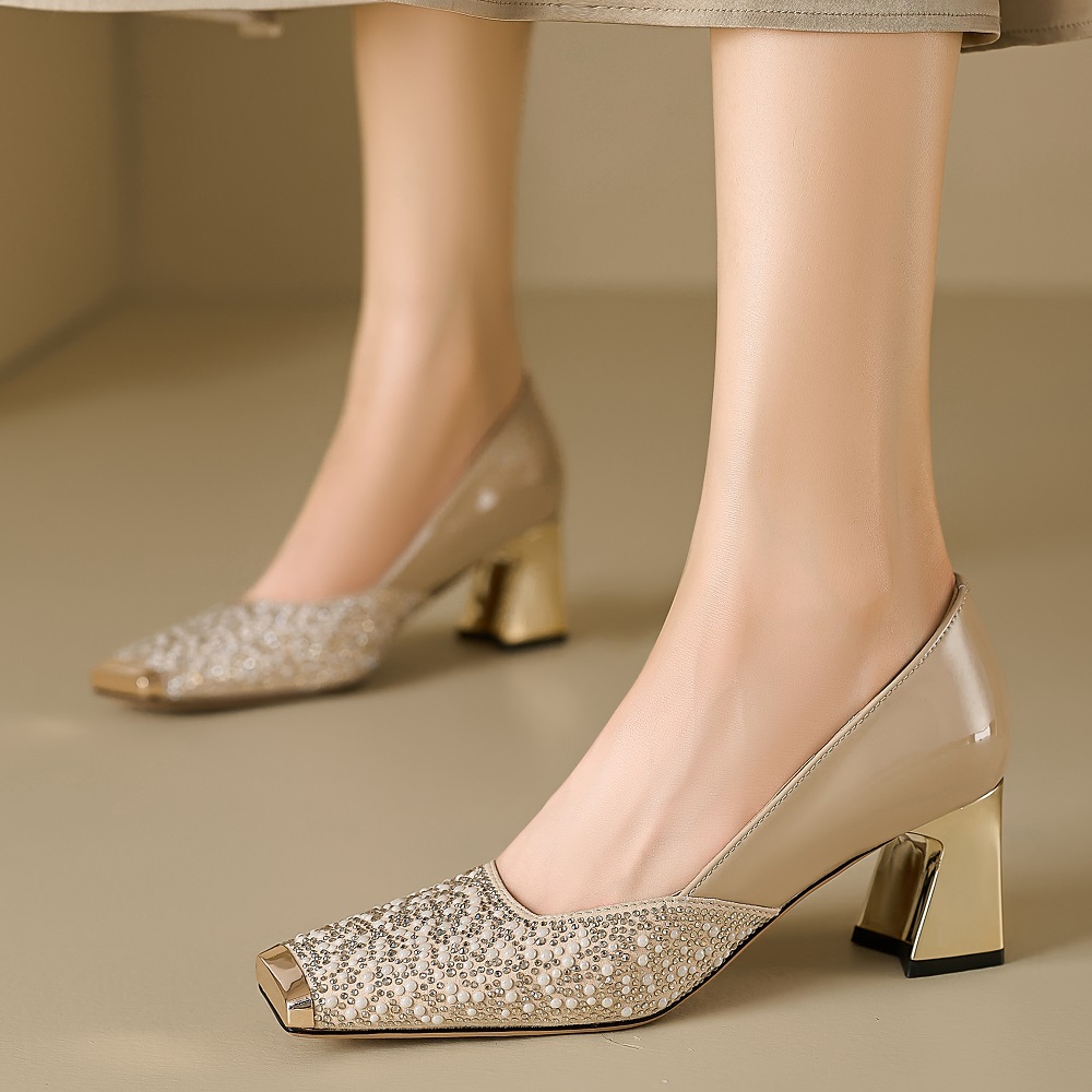 Women's Genuine Leather Crystals Pearl Low Cut 6 CM Block Heel Metal Toe Cap French Square Toe Versatile Office Spring Summer High Heels 60324
