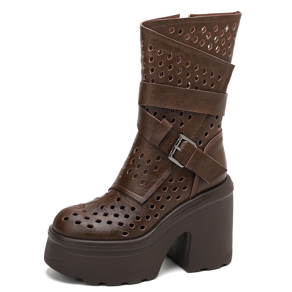 Genuine Leather Women's Retro Mid-Calf Boots 12 CM Block Heel Buckle Strap Spring Autumn Side Zipper Platform Cut Out British Style Boots 60325