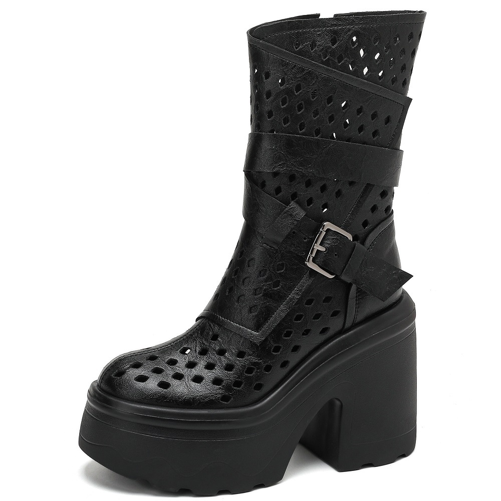 Genuine Leather Women's Retro Mid-Calf Boots 12 CM Block Heel Buckle Strap Spring Autumn Side Zipper Platform Cut Out British Style Boots 60325