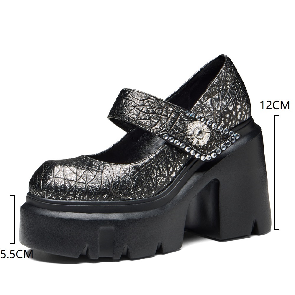 Women's Spring Summer 12 CM Block Heel Open Toe Retro Punk Mary Jane Shoes Hook Loop Genuine Leather Floral Crystals Buckle Fashion Shoes 60325