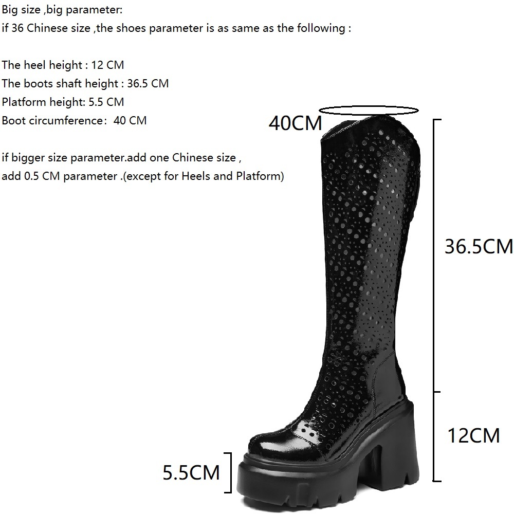 Women's Spring Summer 12 CM Block Heel Genuine Leather Cut Out Knee-High Knight Boots Back Zipper Slim Fit European American Style Breathable Boots 60325