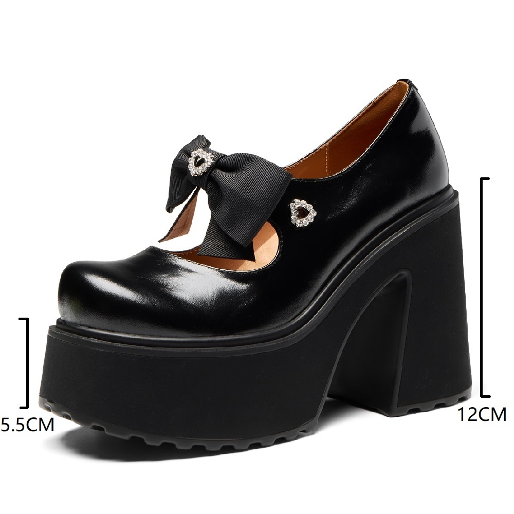 Women's 12 CM Block Heel Platform Cut Out Slip On Bow Genuine Leather Spring Summer Mary Jane Shoes Crystals Sweet Cool Pumps 60325
