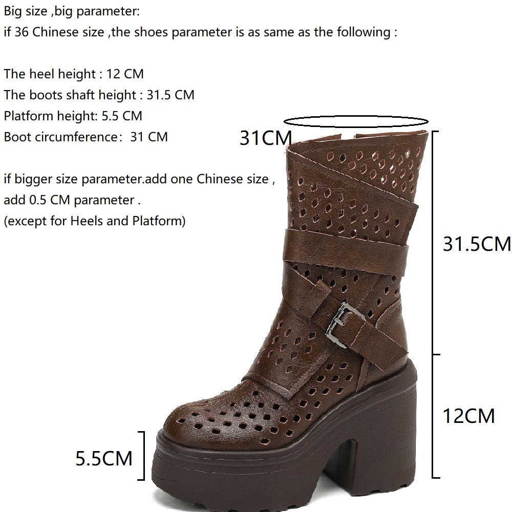Genuine Leather Women's Retro Mid-Calf Boots 12 CM Block Heel Buckle Strap Spring Autumn Side Zipper Platform Cut Out British Style Boots 60325