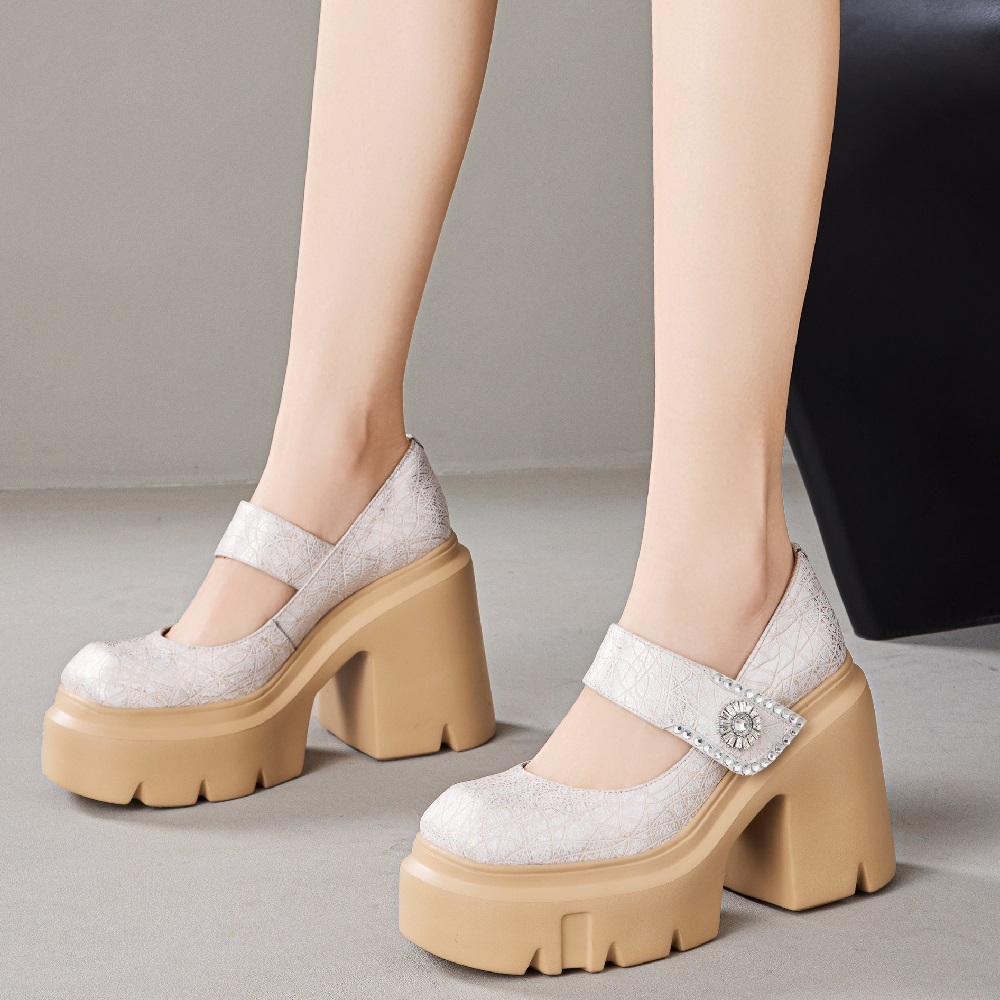 Women's Spring Summer 12 CM Block Heel Open Toe Retro Punk Mary Jane Shoes Hook Loop Genuine Leather Floral Crystals Buckle Fashion Shoes 60325