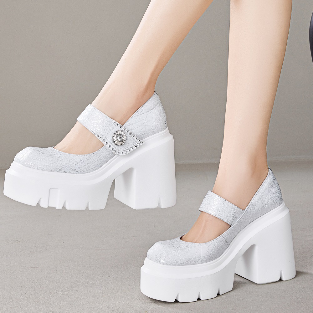 Women's Spring Summer 12 CM Block Heel Open Toe Retro Punk Mary Jane Shoes Hook Loop Genuine Leather Floral Crystals Buckle Fashion Shoes 60325