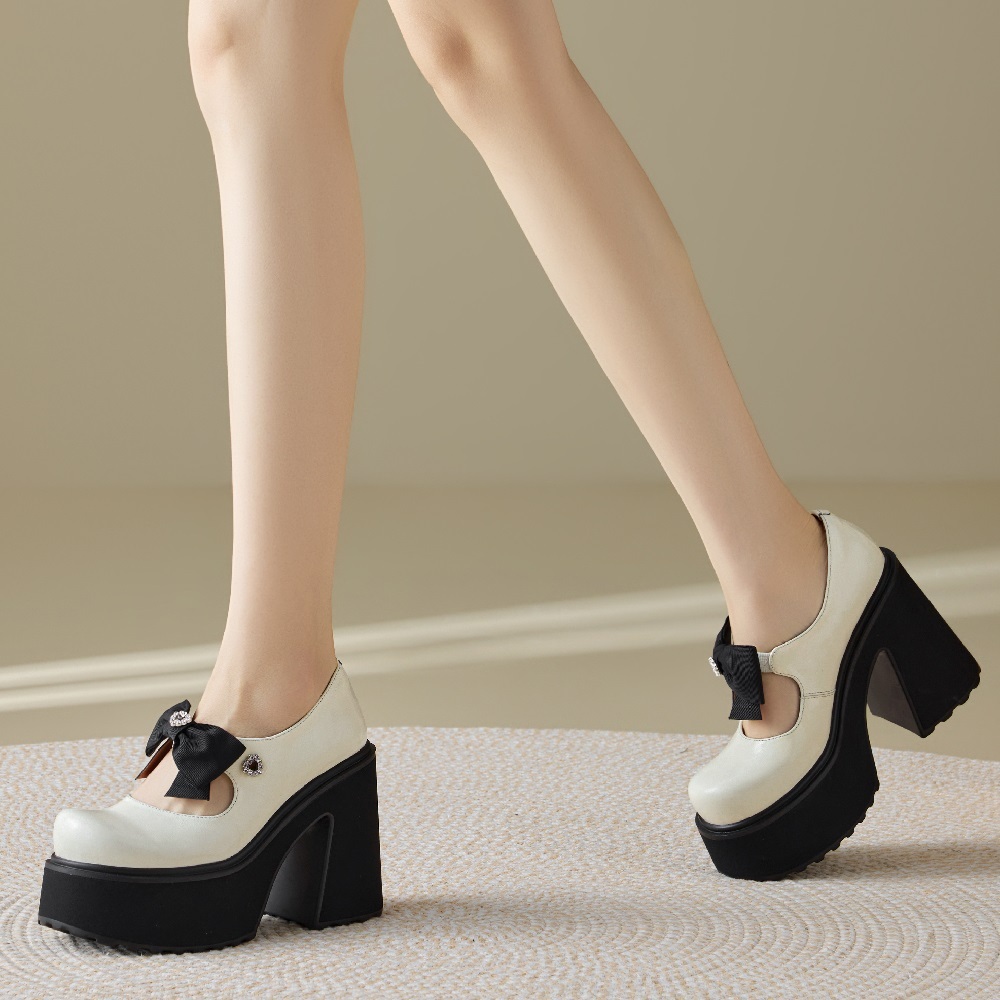 Women's 12 CM Block Heel Platform Cut Out Slip On Bow Genuine Leather Spring Summer Mary Jane Shoes Crystals Sweet Cool Pumps 60325