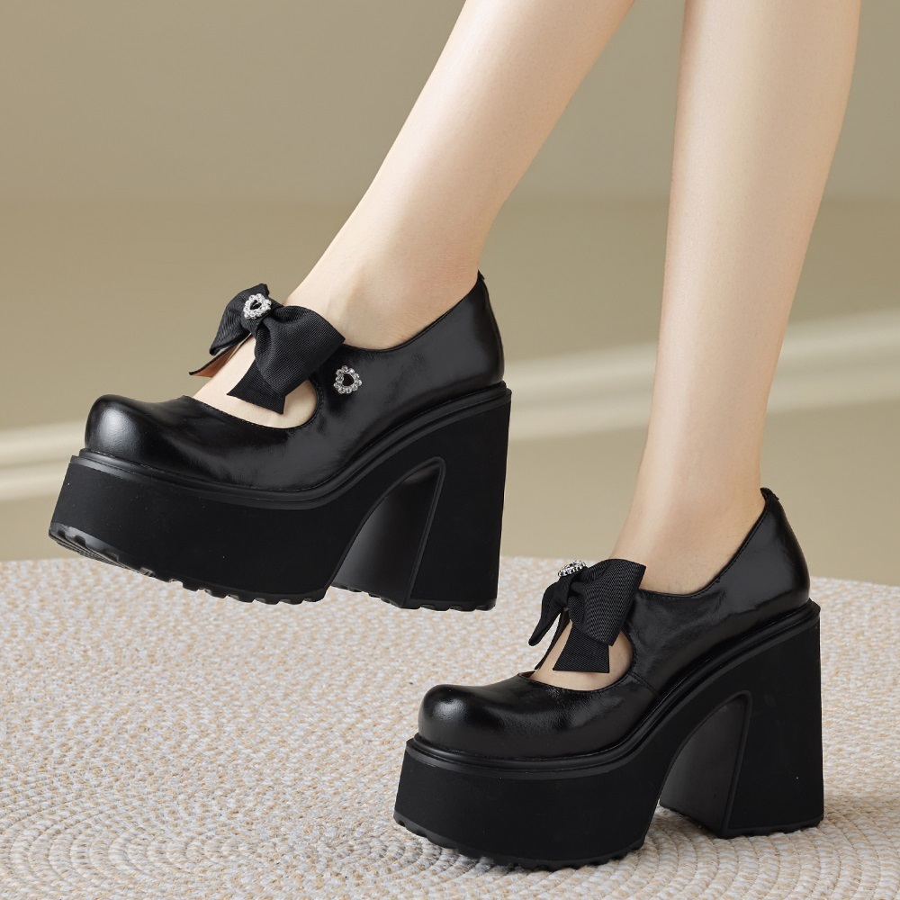 Women's 12 CM Block Heel Platform Cut Out Slip On Bow Genuine Leather Spring Summer Mary Jane Shoes Crystals Sweet Cool Pumps 60325