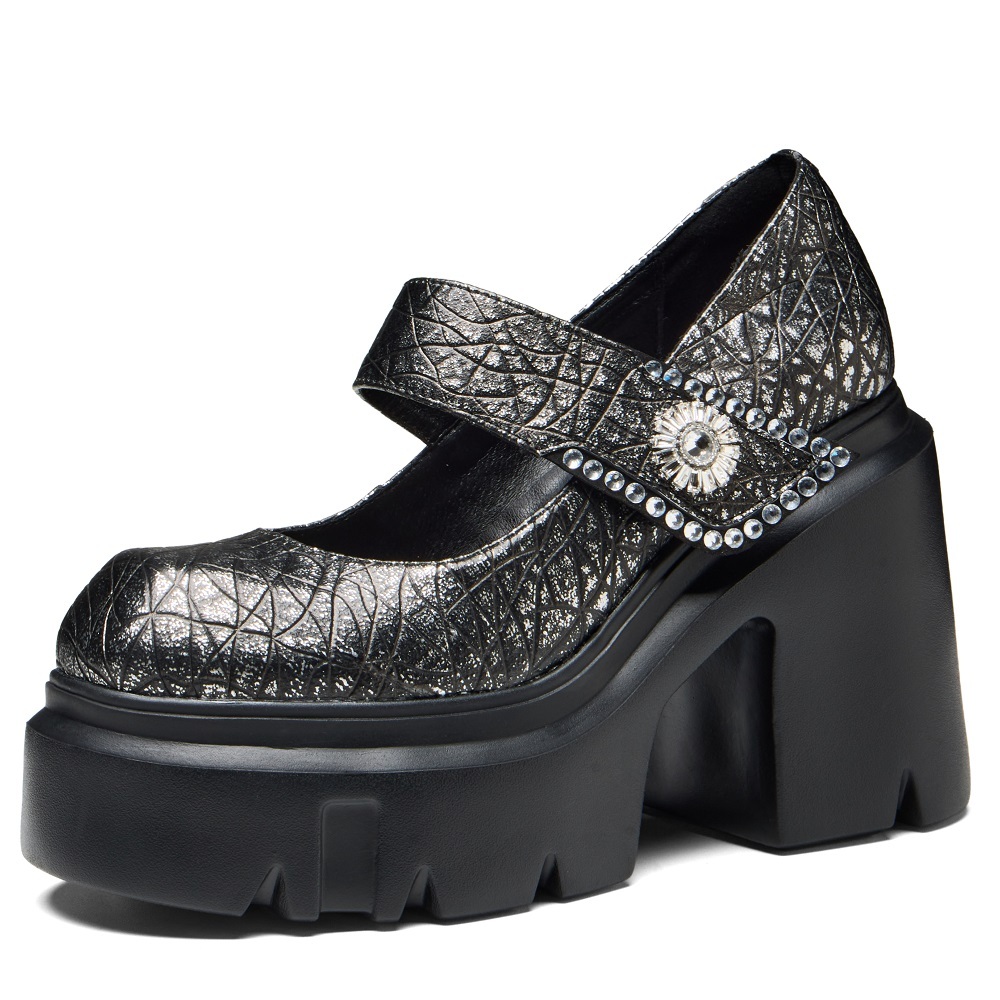 Women's Spring Summer 12 CM Block Heel Open Toe Retro Punk Mary Jane Shoes Hook Loop Genuine Leather Floral Crystals Buckle Fashion Shoes 60325