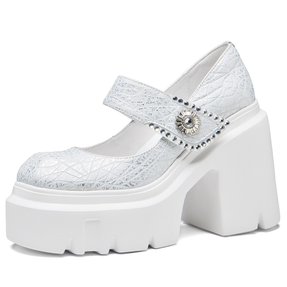 Women's Spring Summer 12 CM Block Heel Open Toe Retro Punk Mary Jane Shoes Hook Loop Genuine Leather Floral Crystals Buckle Fashion Shoes 60325