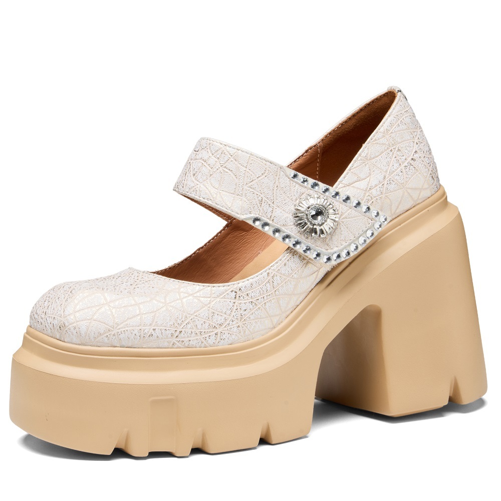 Women's Spring Summer 12 CM Block Heel Open Toe Retro Punk Mary Jane Shoes Hook Loop Genuine Leather Floral Crystals Buckle Fashion Shoes 60325
