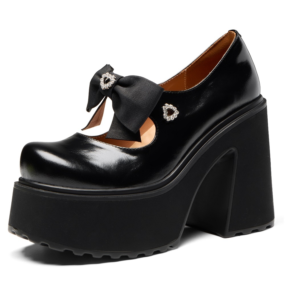 Women's 12 CM Block Heel Platform Cut Out Slip On Bow Genuine Leather Spring Summer Mary Jane Shoes Crystals Sweet Cool Pumps 60325
