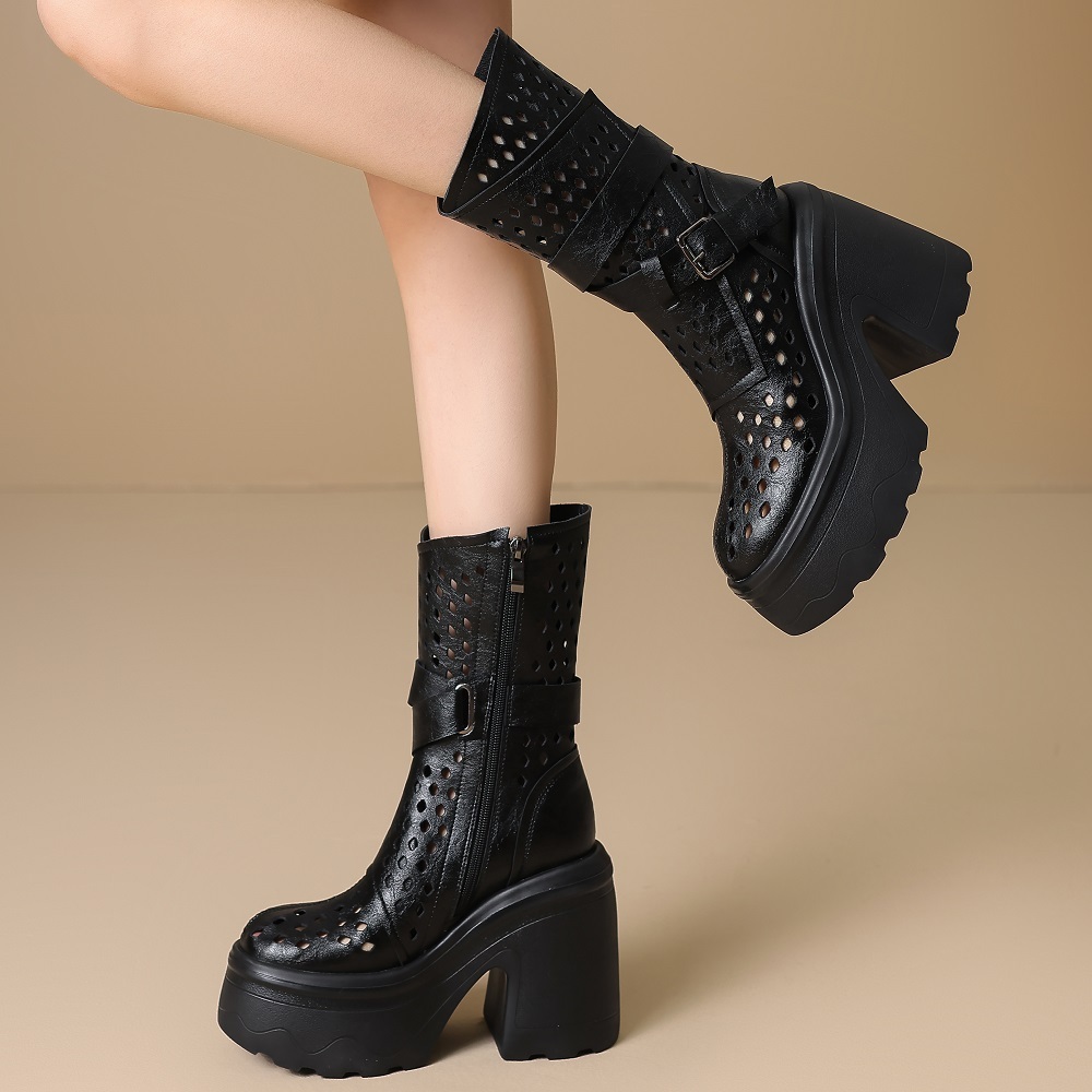 Genuine Leather Women's Retro Mid-Calf Boots 12 CM Block Heel Buckle Strap Spring Autumn Side Zipper Platform Cut Out British Style Boots 60325