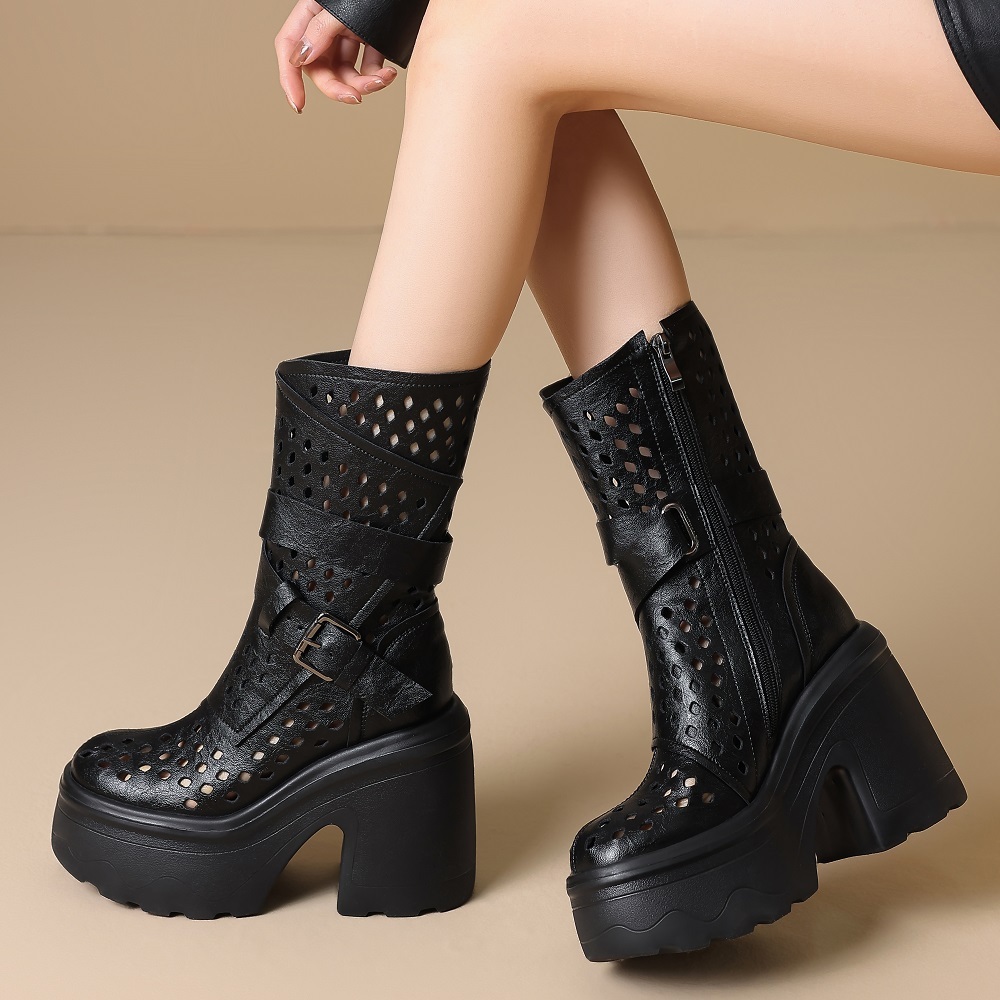 Genuine Leather Women's Retro Mid-Calf Boots 12 CM Block Heel Buckle Strap Spring Autumn Side Zipper Platform Cut Out British Style Boots 60325