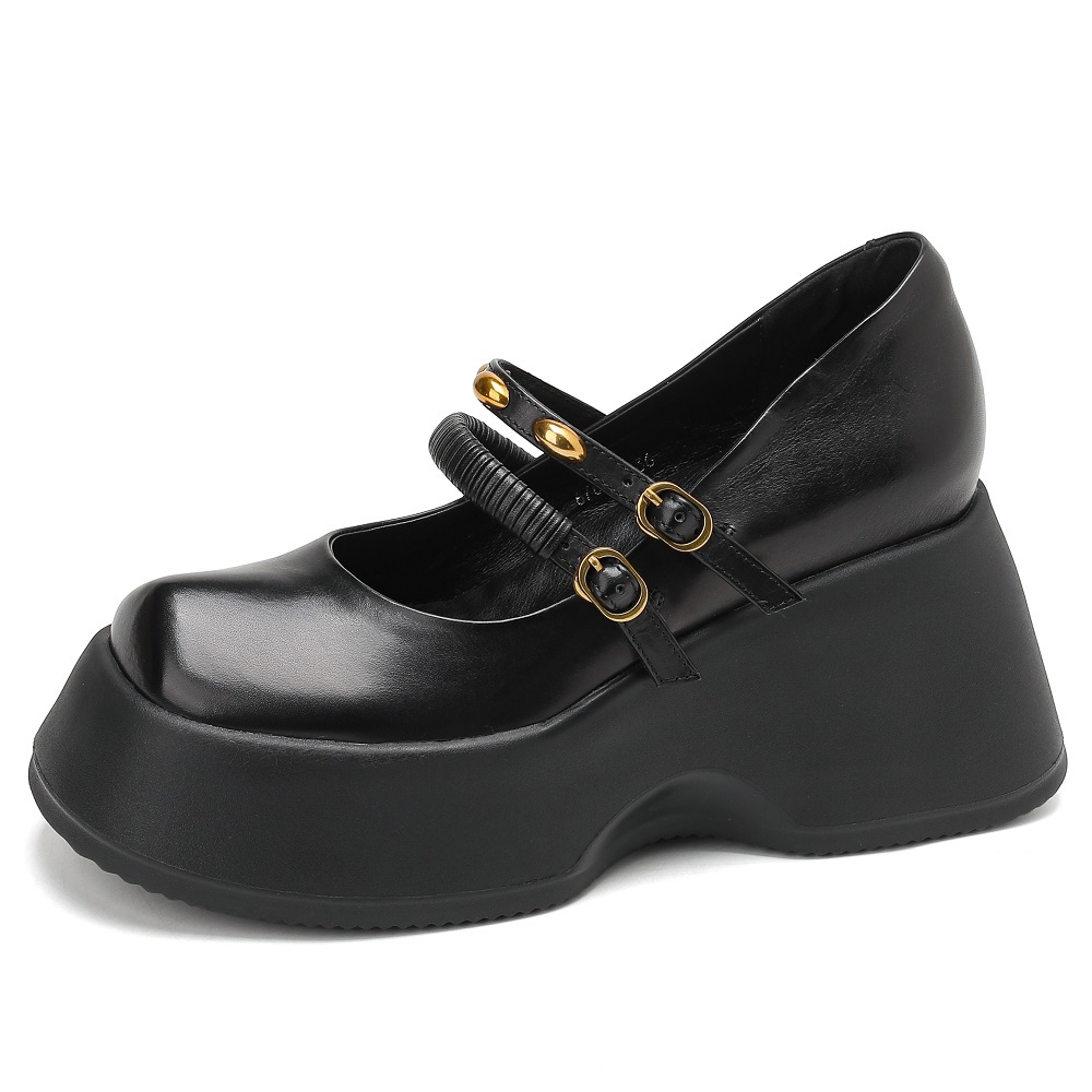 Women's Retro British College Style Genuine Leather 10 CM Wedge Hidden Heel Shoes Thin Strap Metal Buckle Shallow Mouth Spring Summer Shoes 60326