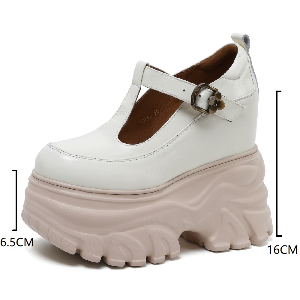 New Spring Summer Women's Genuine Leather Cut Out Mary Jane Pumps T-Strap Metal Buckle 14 CM Thick Sole Hidden Wedge Heel Shoes 60326