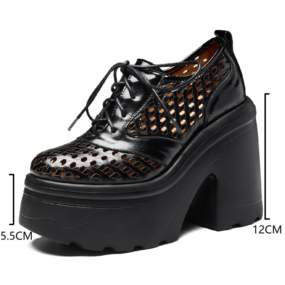 Women's Spring Summer Genuine Leather Concise High Heels 12 CM Block Heel Cut Out Elegant Versatile British Style Lace-up Shoes 60326