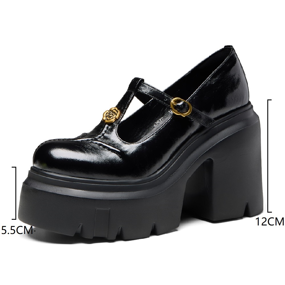 Women's Mary Jane Shoes Spring Summer Metal Floral Genuine Leather High Heels 12 CM Block Heel Platform Cut Out Sweet Cool Belt Buckle Shoes 60326