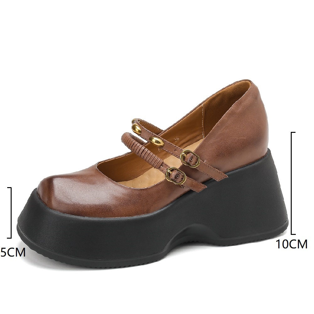 Women's Retro British College Style Genuine Leather 10 CM Wedge Hidden Heel Shoes Thin Strap Metal Buckle Shallow Mouth Spring Summer Shoes 60326
