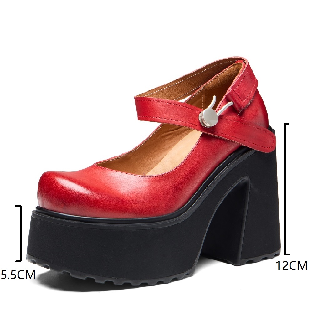 Women's Genuine Leather Mary Jane Pumps Spring Summer Low Cut Single Strap European American Style Handmade 12 CM Block Heel Platform Shoes 60326