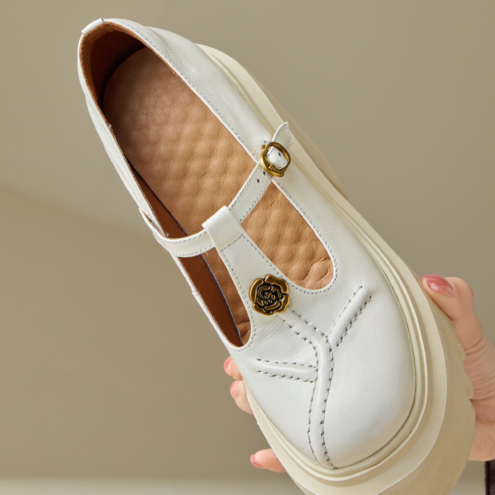 Women's Mary Jane Shoes Spring Summer Metal Floral Genuine Leather High Heels 12 CM Block Heel Platform Cut Out Sweet Cool Belt Buckle Shoes 60326