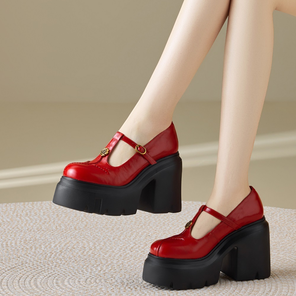Women's Mary Jane Shoes Spring Summer Metal Floral Genuine Leather High Heels 12 CM Block Heel Platform Cut Out Sweet Cool Belt Buckle Shoes 60326
